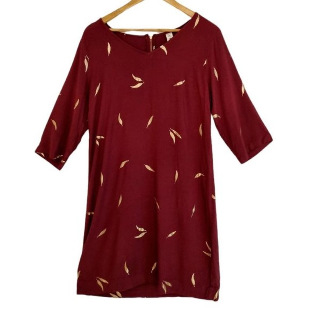 ELM Lifestyle Burgandy Gold Shining Leaf Dress Tunic 1/2 Sleeve - Size 12